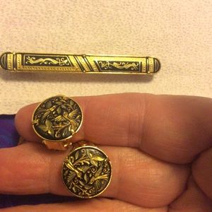 Damascene Toledo lot of 2: earrings Birds/pin inlay 24 karat gold brooch Vintage